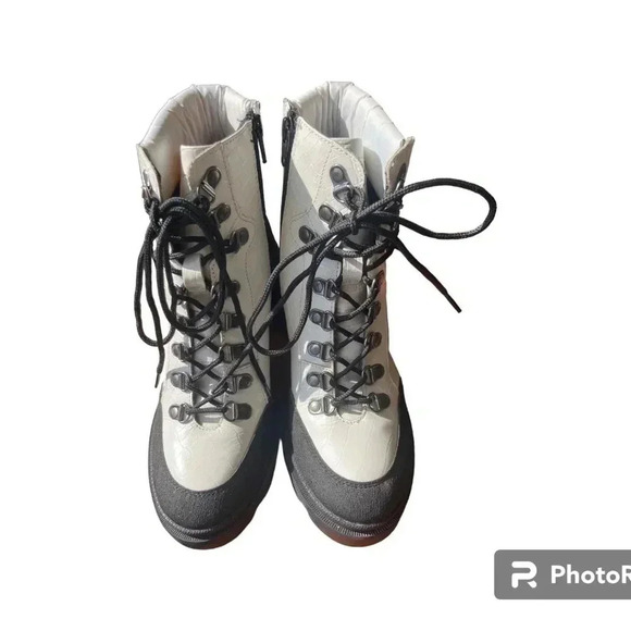Enjoiya White  Leather Lace Up Hiking/Combat Boots w/ 3" Heel Sz 8 - Picture 4 of 9